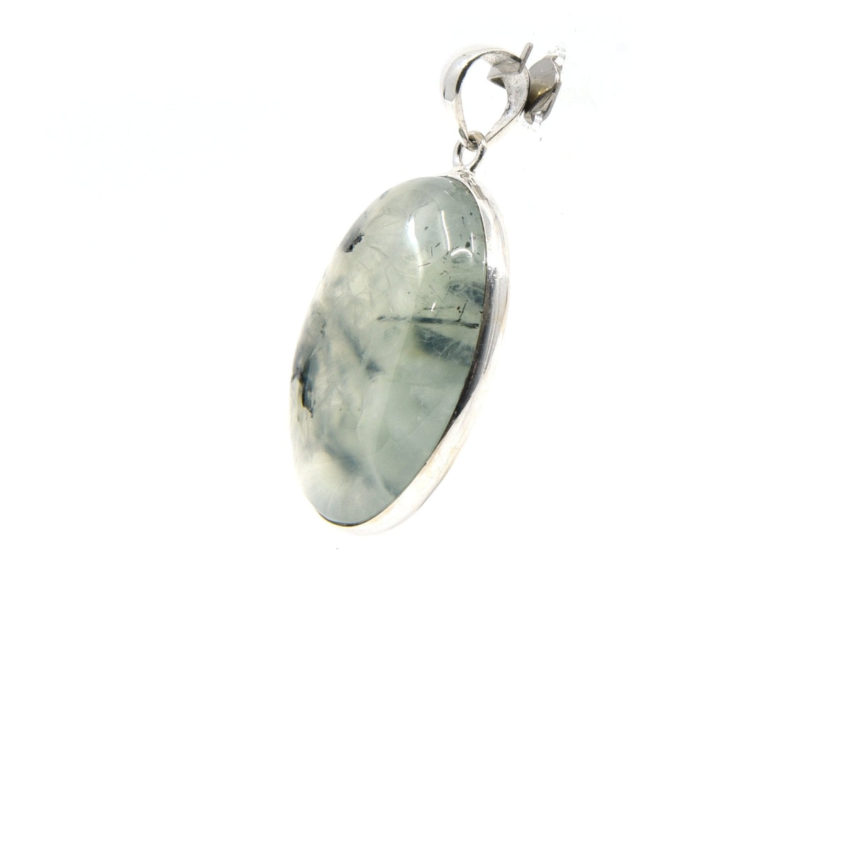 prehnite & tourmaline (black) cabochon oval pendant, angled view showing silver bail and stone profile — Eternal Spirit