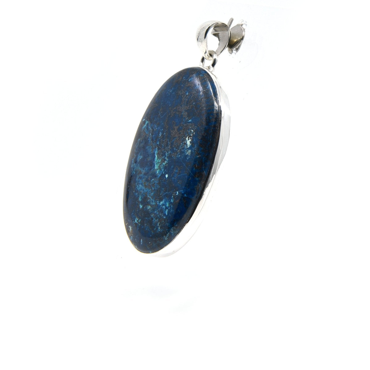 shattuckite cabochon oval pendant, angled view showing silver bail and stone profile — Eternal Spirit