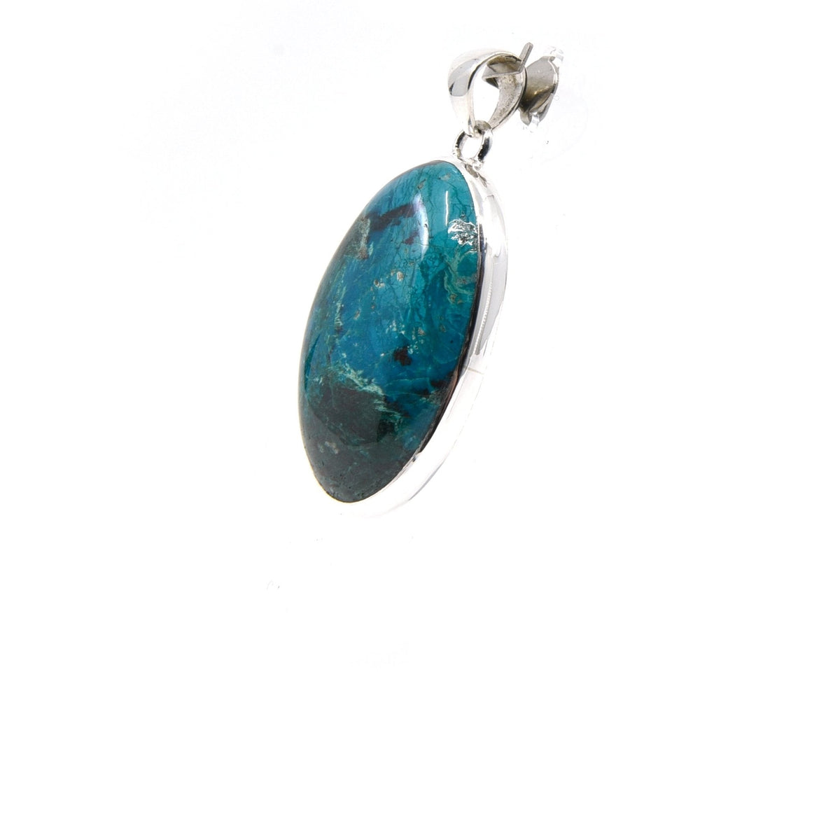 chrysocolla cabochon oval pendant, angled view showing silver bail and stone profile — Eternal Spirit