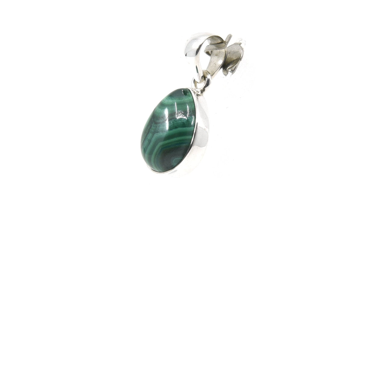 malachite cabochon teardrop pendant, angled view showing silver bail and stone profile — Eternal Spirit