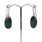 chrysocolla cabochon oval earrings in silver setting, white background — Eternal Spirit