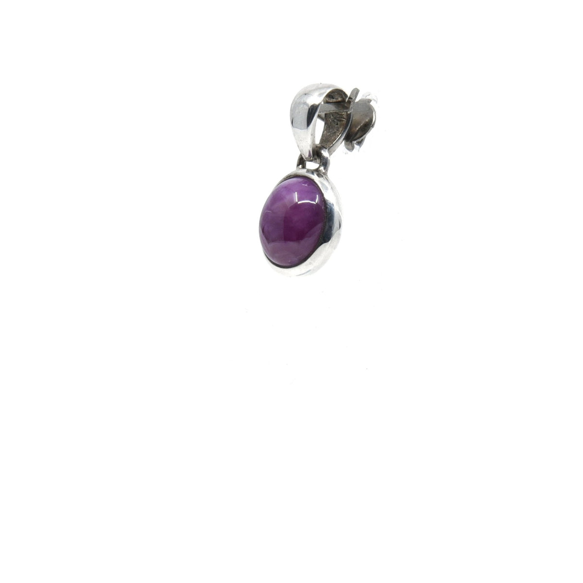 ruby cabochon oval pendant, side view with silver bail and natural stone edge — Eternal Spirit