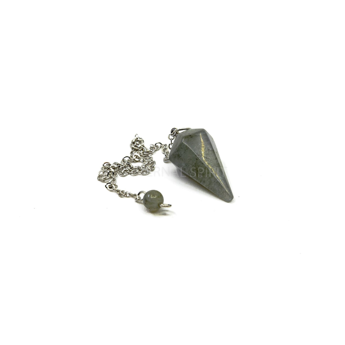 Close-up of Labradorite small faceted pendulum, iridescent blue-grey stone detail — Eternal Spirit