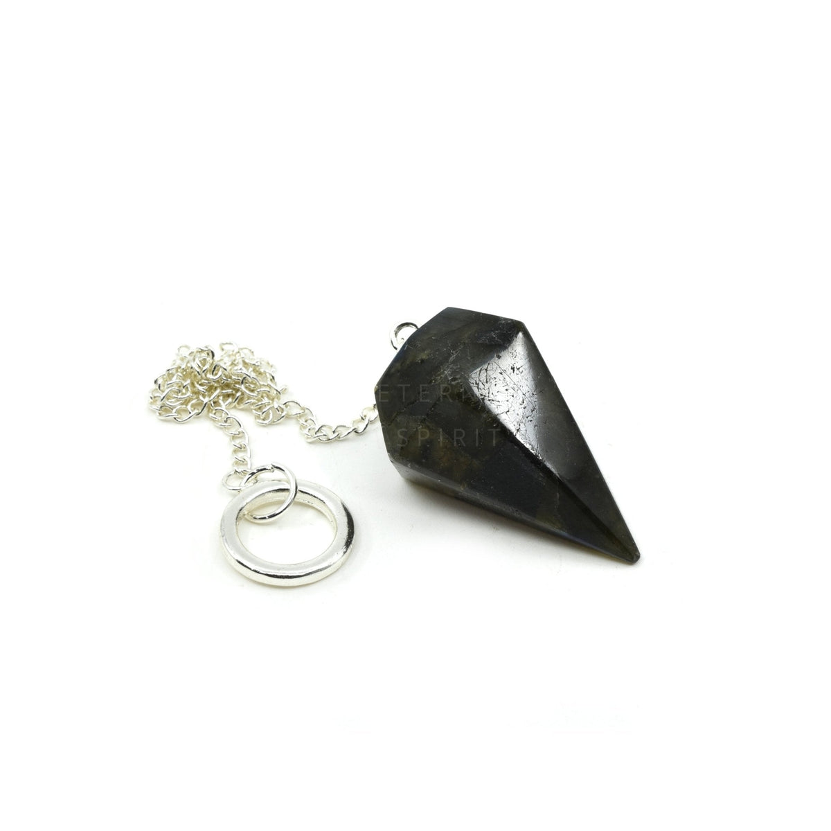 Close-up of Labradorite large faceted pendulum, iridescent blue-grey stone detail — Eternal Spirit
