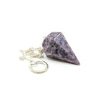 Close-up of Lepidolite large faceted pendulum, soft lilac stone detail — Eternal Spirit