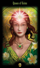Queen of Coins card with regal woman in ornate golden frame, Legacy of the Divine — Eternal Spirit