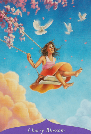 Magic Of Flowers Oracle deck, Cherry Blossom card with woman amid pink blossoms in garden — Eternal Spirit