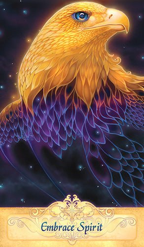 Messenger Oracle (2nd Edition) deck, Embrace Spirit card showing golden eagle in flight against amber sky — Eternal Spirit