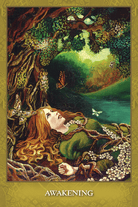Mystical Sisters Oracle deck, Awakening card showing golden-haired woman amid swirling autumn leaves — Eternal Spirit