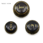 upturned 15cm Black & Gold Auspicious NIM11C Crown chakra bowl, ornately patterned base revealed — Eternal Spirit