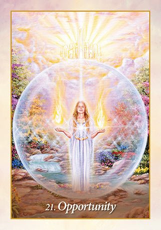 Oracle Of The Angels Cards, Opportunity card with luminous angel figure inside prismatic crystal orb — Eternal Spirit