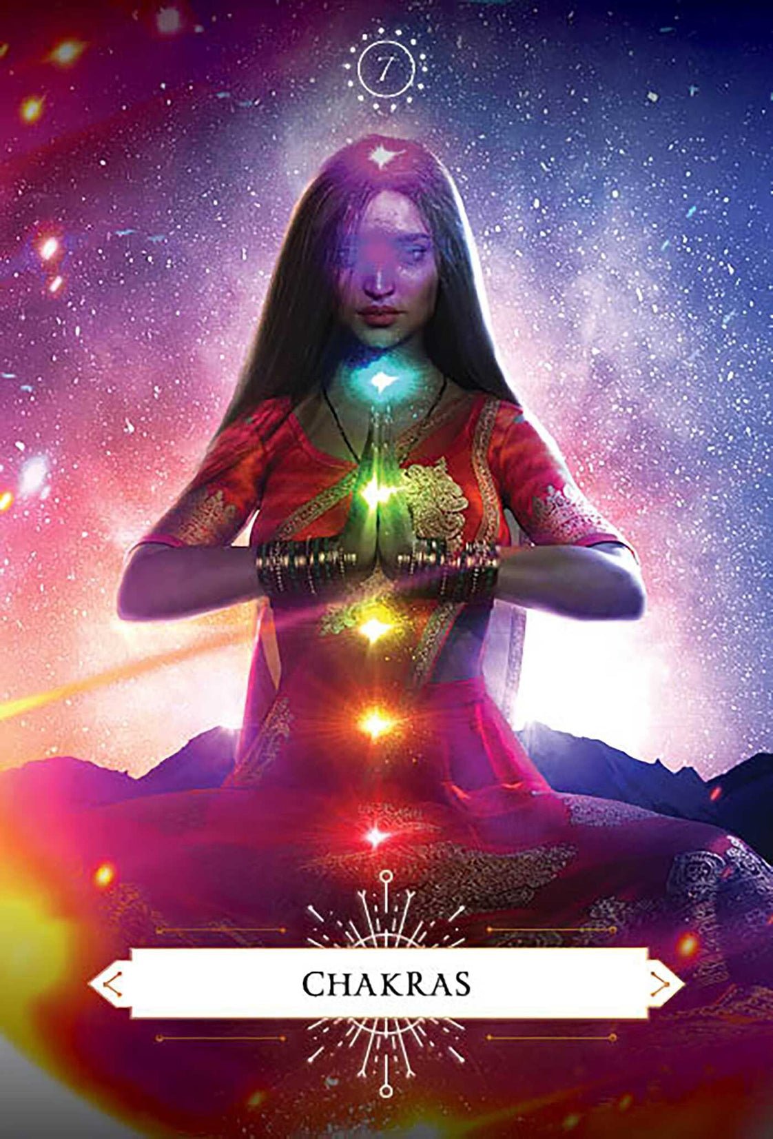 Psychic Reading Cards, Chakras card showing meditating silhouette with glowing energy centres — Eternal Spirit