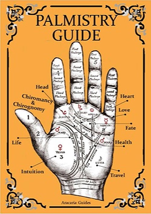 Aracaria Guides Palmistry chart, illustrating palm lines, mounts and their divinatory meanings — Eternal Spirit