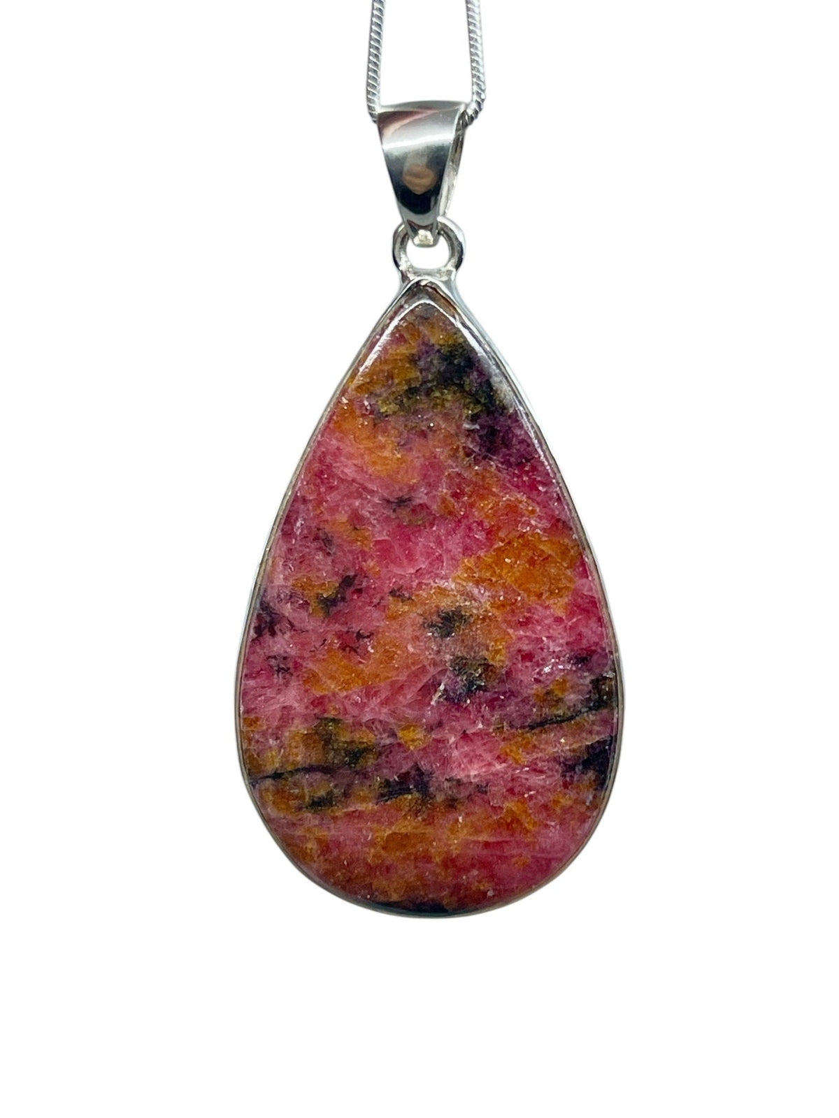 rhodonite cabochon teardrop pendant, front view showing natural stone face — Eternal Spirit