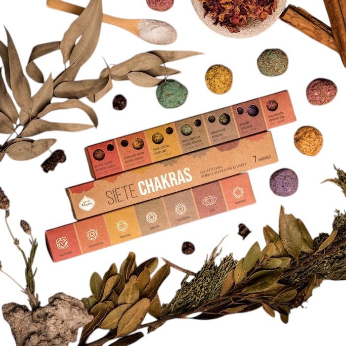 sagrada madre (seven chakras) smudge bombs, lifestyle flat-lay with eucalyptus leaves and natural herbs — Eternal Spirit
