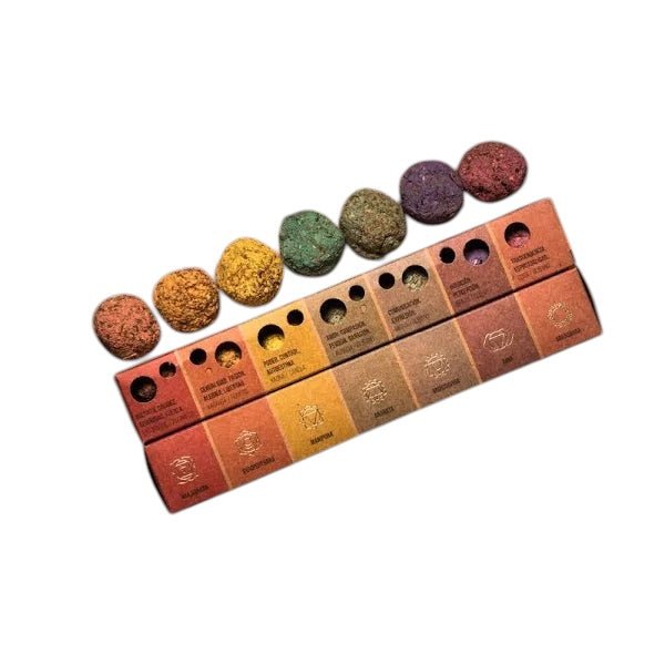 sagrada madre (seven chakras) smudge bombs, overhead view showing colourful smudge bombs nestled in open box — Eternal Spirit