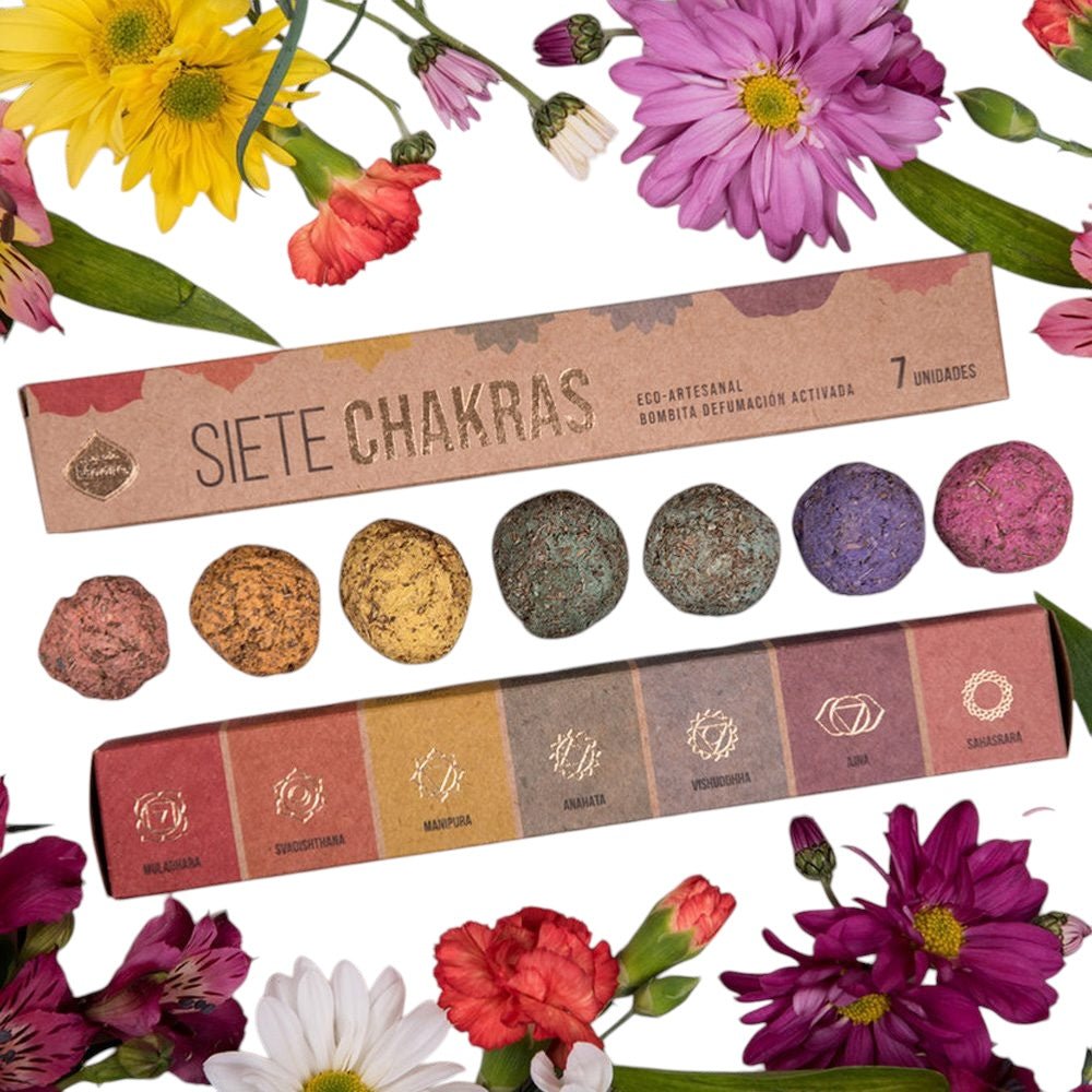 sagrada madre (seven chakras) smudge bombs, vibrant packaging face-on with fresh flowers and botanicals — Eternal Spirit