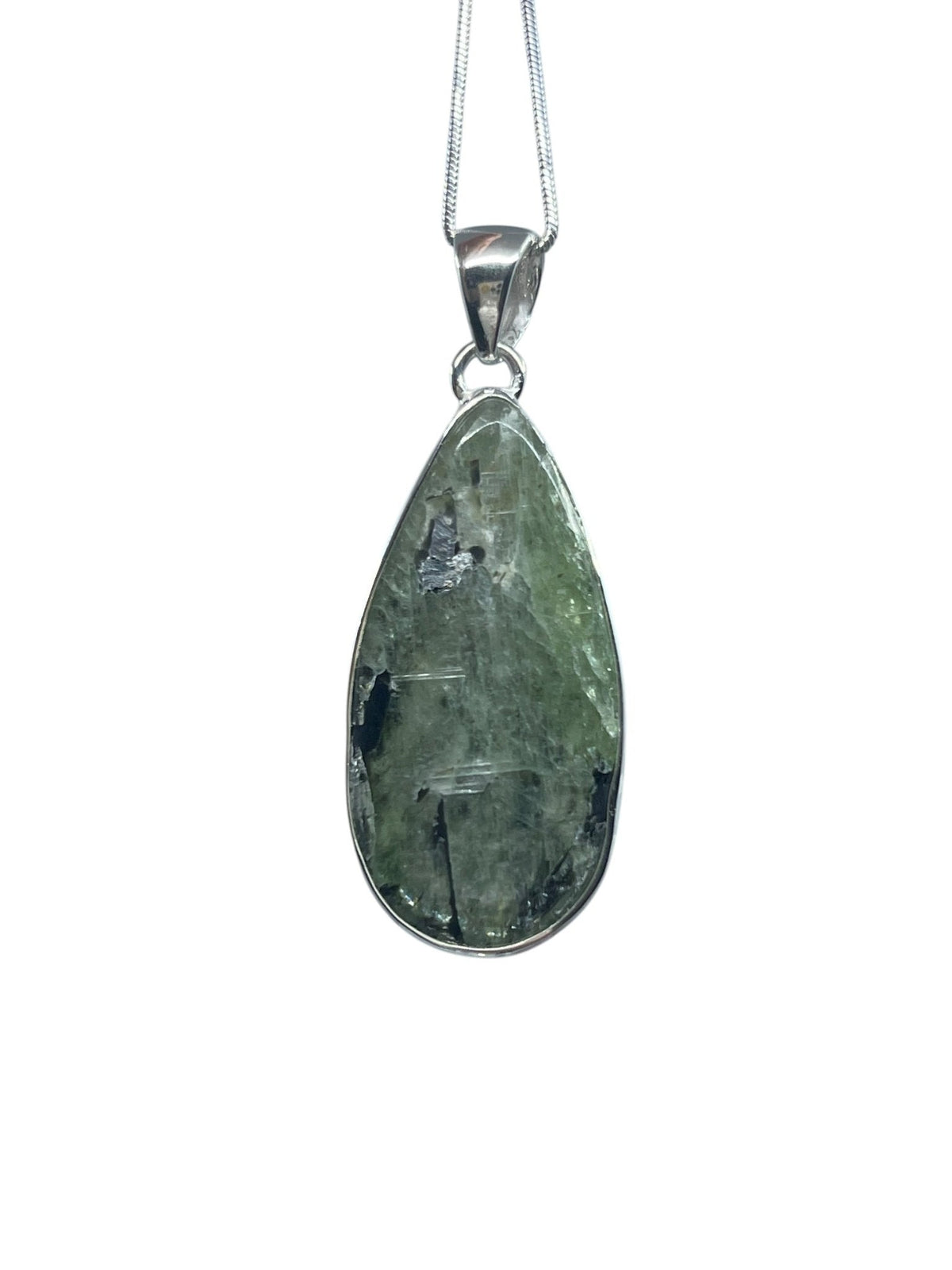 kyanite (green) cabochon teardrop pendant with sterling silver bail — Eternal Spirit