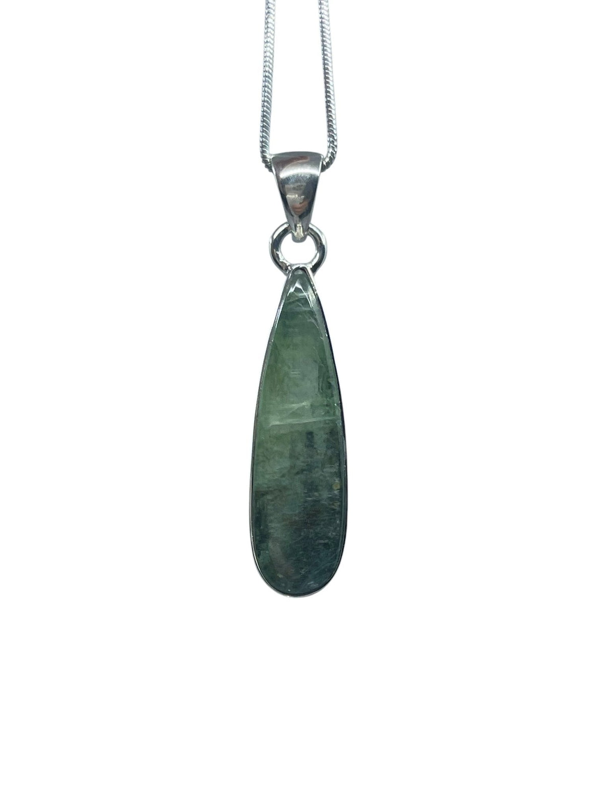 kyanite (green) cabachon teardrop pendant with sterling silver bail — Eternal Spirit