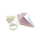 Close-up of Quartz (Rose Aura) large faceted pendulum, shimmering pink stone detail — Eternal Spirit