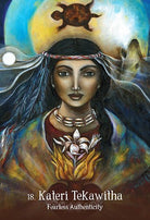 Sacred Mothers Goddesses Oracle deck, Kateri Tekakwitha card with Native woman amid golden autumn leaves — Eternal Spirit
