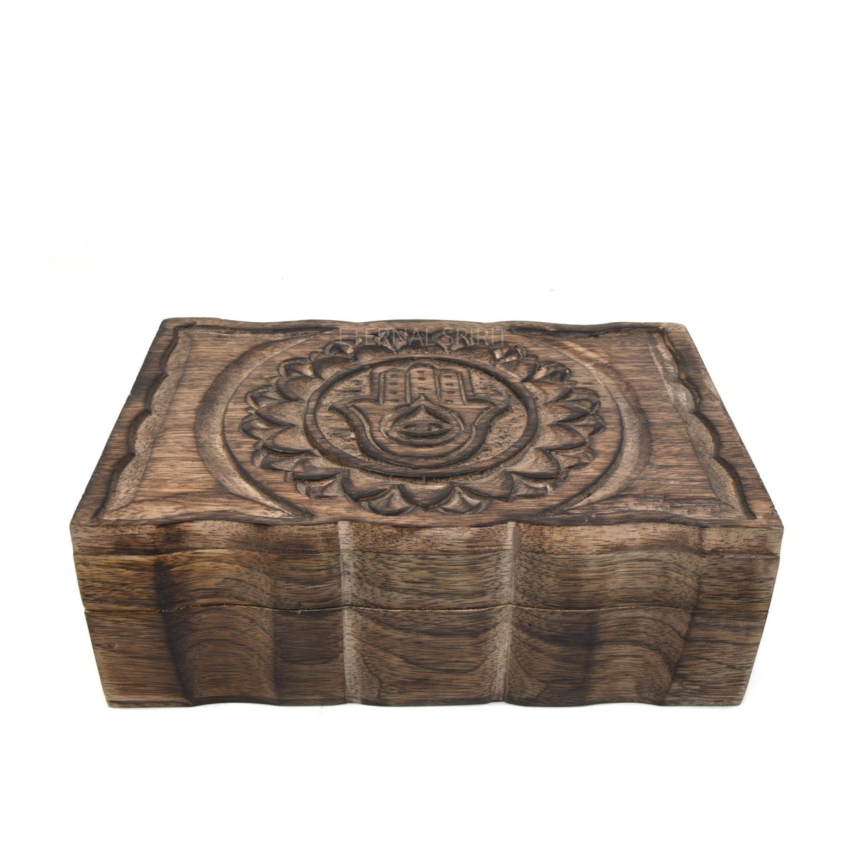 Wooden Hamsa Hand keepsake box, handcrafted carved lid — Eternal Spirit