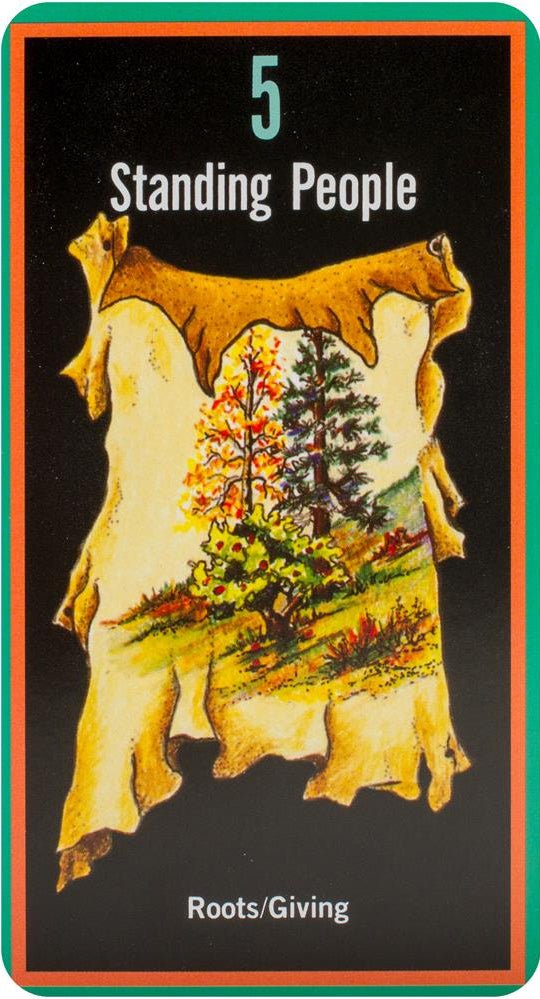 Sacred Path Cards, Standing People Roots Giving card with green border and tree spirit — Eternal Spirit