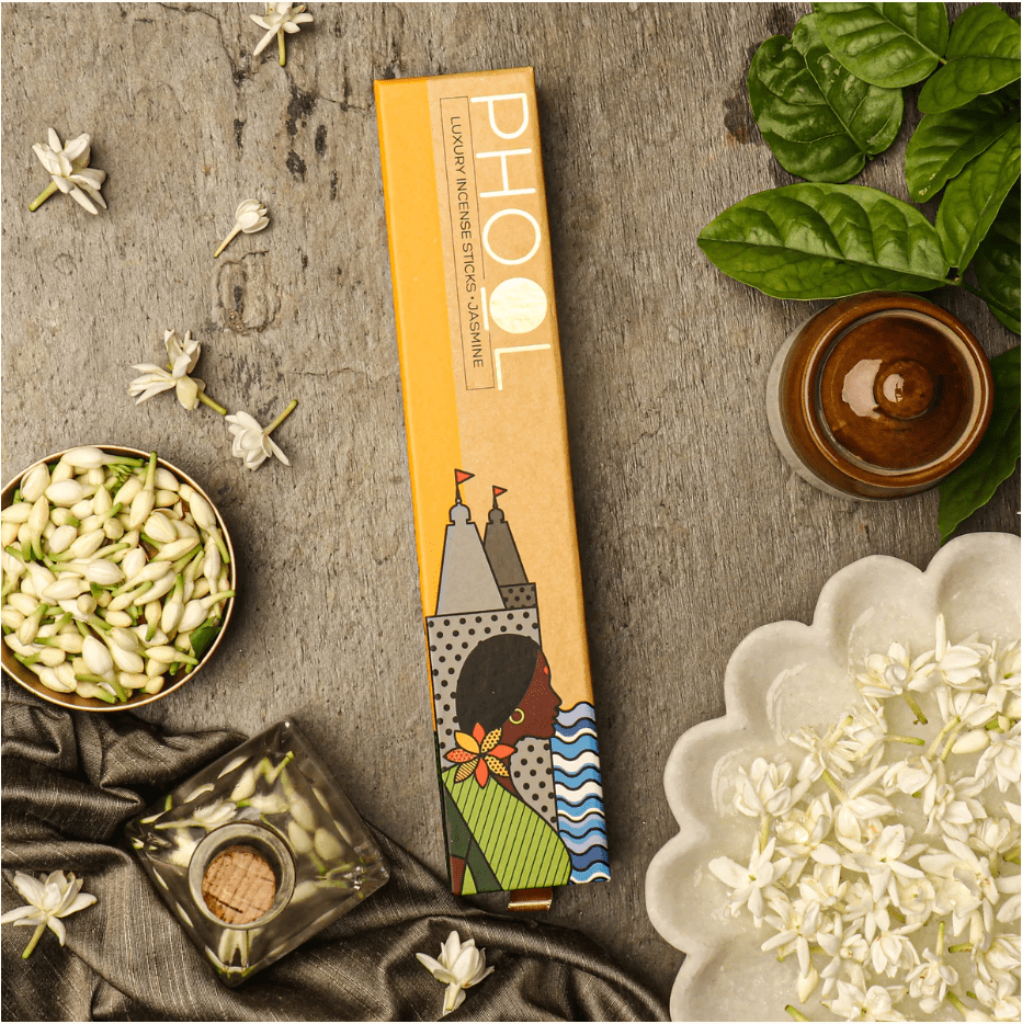 phool "jasmine" luxury incense sticks, luxury packaging styled with botanicals on rustic wood — Eternal Spirit