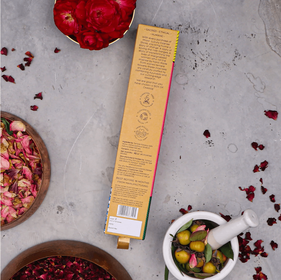 phool "indian rose" luxury incense sticks, packaging reverse showing ingredient details on rustic wood — Eternal Spirit