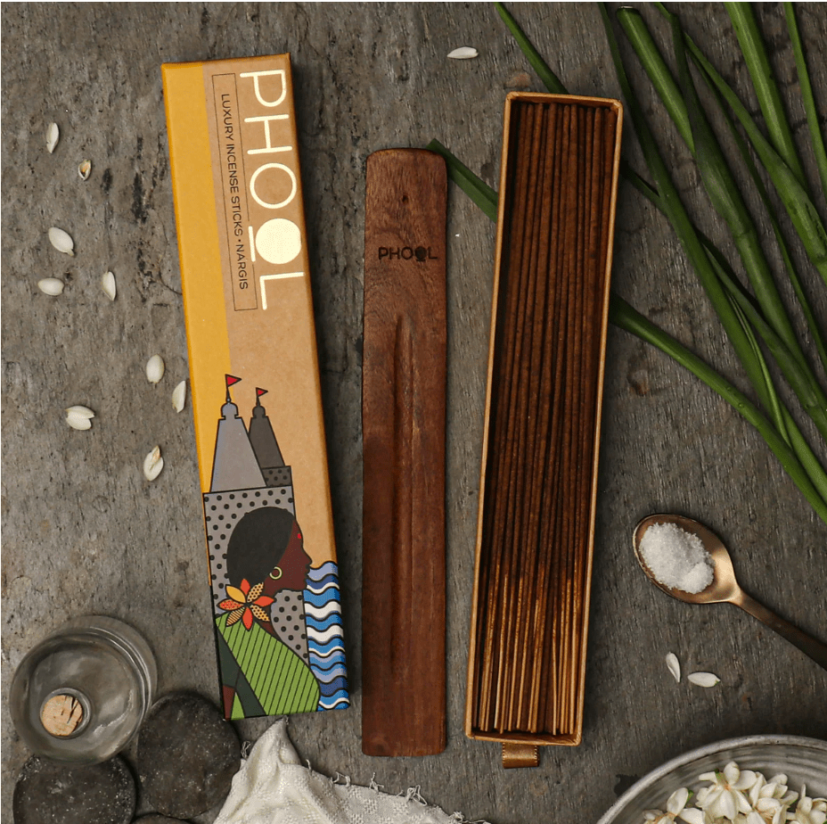 phool "nargis" luxury incense sticks, luxury packaging styled with botanicals on rustic wood — Eternal Spirit