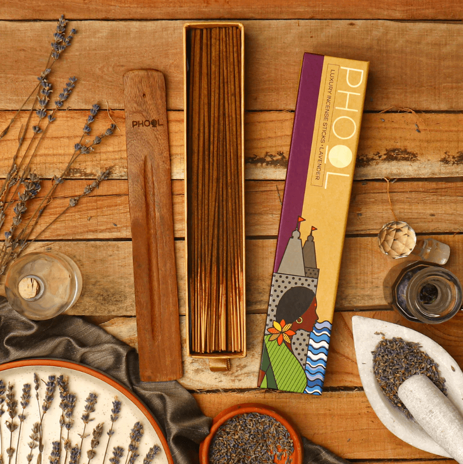 phool "lavender" luxury incense sticks, luxury packaging styled with botanicals on rustic wood — Eternal Spirit