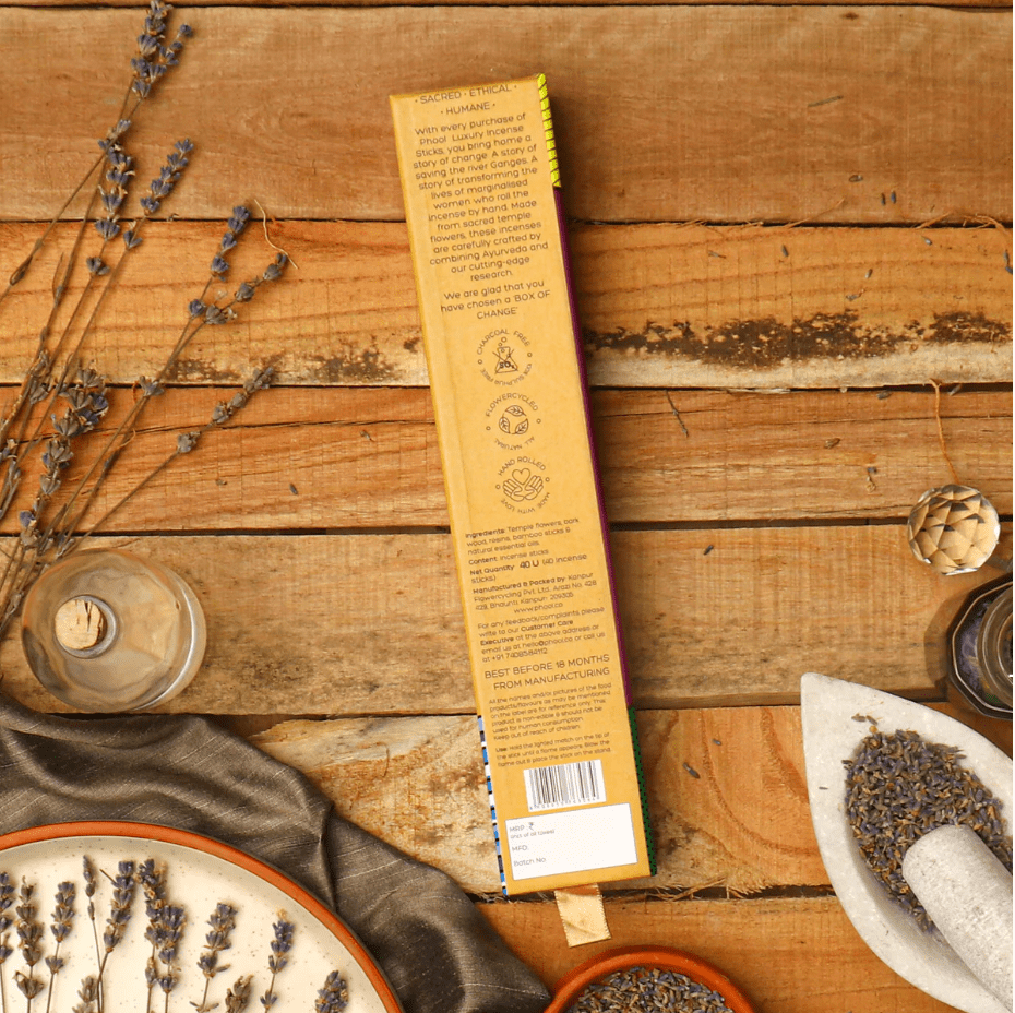 phool "lavender" luxury incense sticks, packaging reverse showing ingredient details on rustic wood — Eternal Spirit
