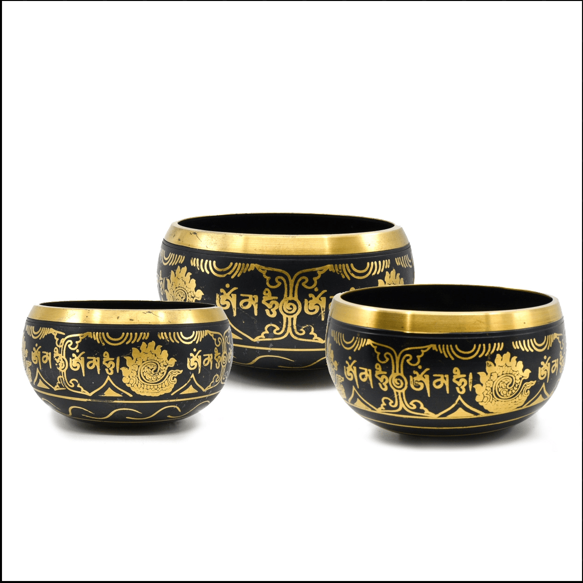 14.5cm Black & Gold Om Mani singing bowl, a vessel for Third Eye chakra healing — Eternal Spirit