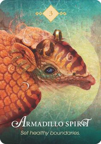 The Spirit Animal Oracle deck, Armadillo Spirit Set Healthy Boundaries card with painted armadillo — Eternal Spirit