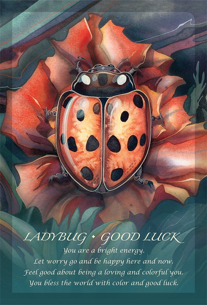 Spirit Of The Animals Oracle deck, Ladybird Good Luck card with golden ladybug and nature affirmation — Eternal Spirit