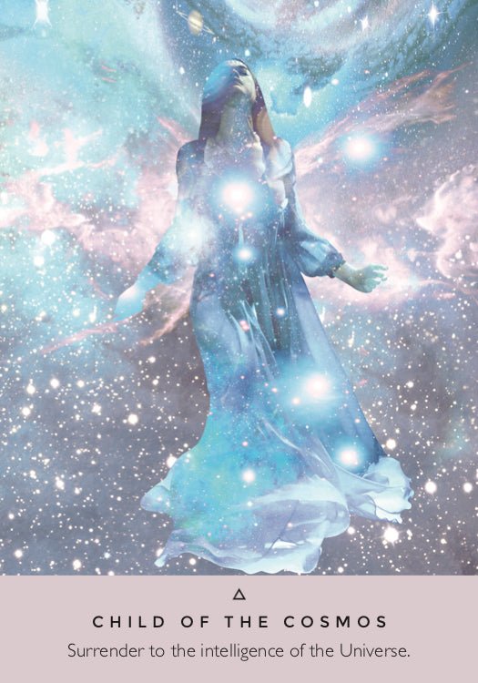 The Starseed Oracle deck, Child of the Cosmos card with celestial figure among stars and planets — Eternal Spirit