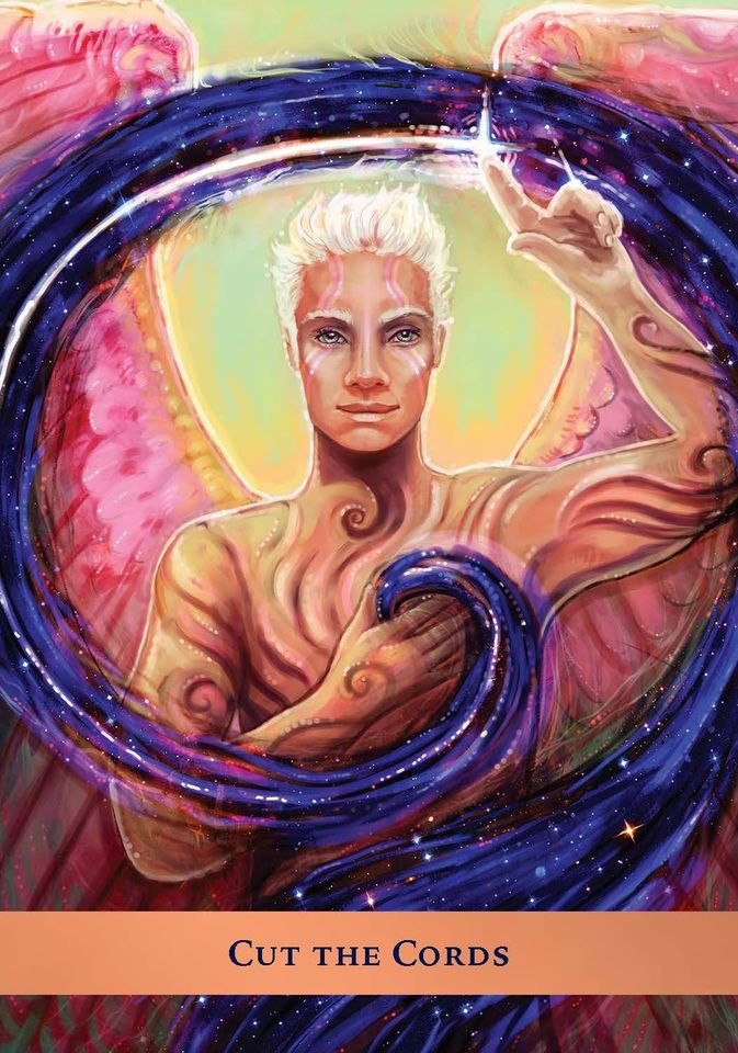 The Angel Guide Oracle deck, Cut the Cords card showing woman with sword severing golden energy cords — Eternal Spirit