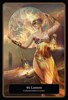 Lantern card 44 with glowing lantern amid dark cosmic scene — Eternal Spirit