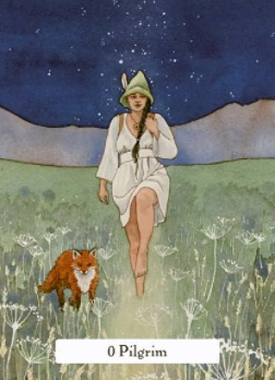 Pilgrim card with fox in moonlit nightscape, Witches Wisdom Tarot — Eternal Spirit