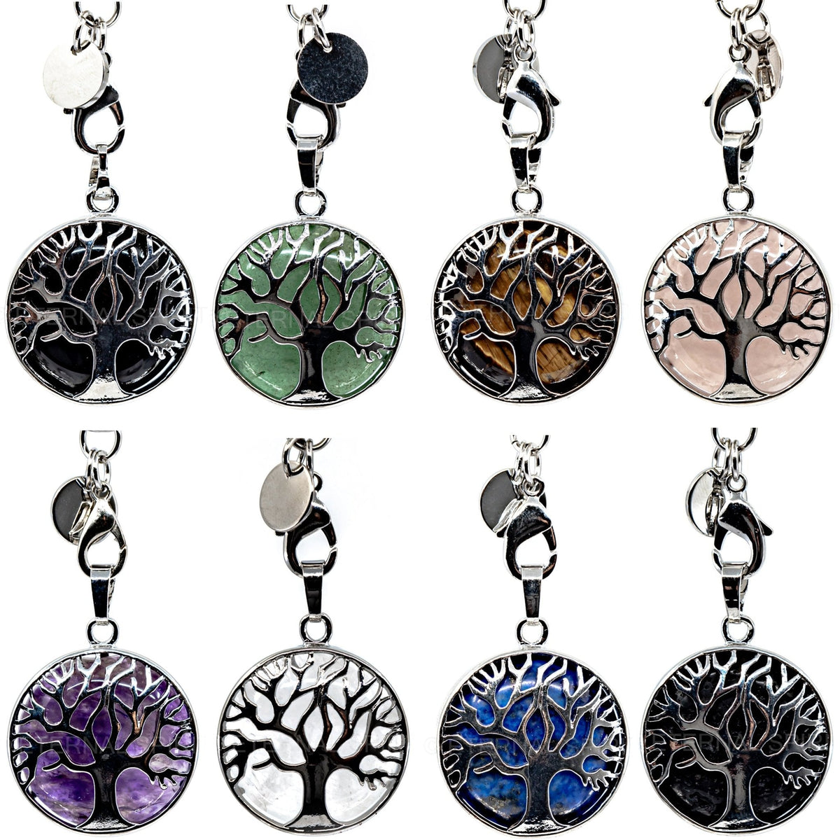 Crystal Tree of Life key rings displayed in assorted gemstones — Eternal Spirit