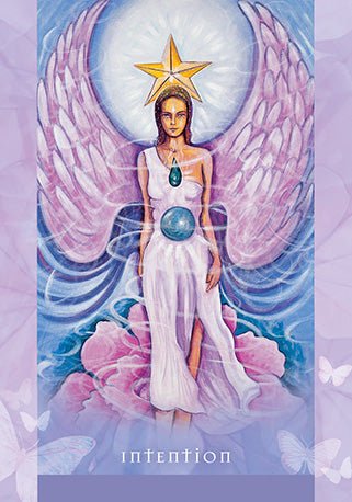 Universal Wisdom Oracle deck, Intention card with angel holding golden star and radiating light — Eternal Spirit