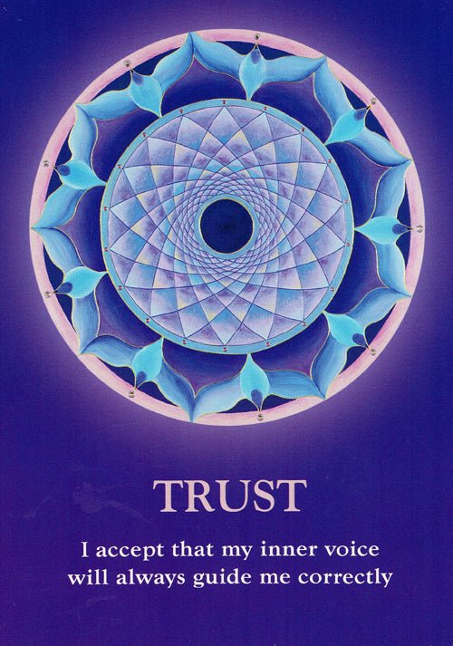 The Soul's Journey deck, Trust card with blue circular mandala and inner voice affirmation — Eternal Spirit