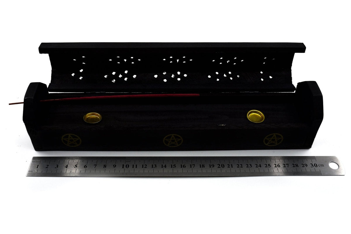 Black wooden Triple Moon incense box, carved lid — Eternal Spirit