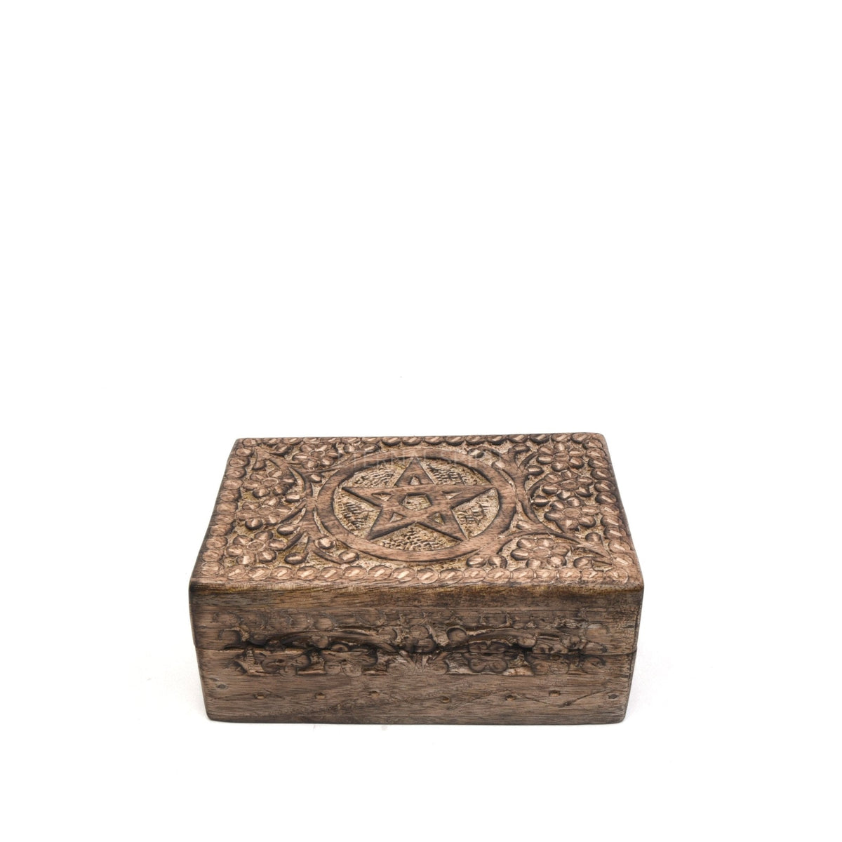 Wooden Pentagram (ornate) keepsake box, handcrafted carved lid — Eternal Spirit