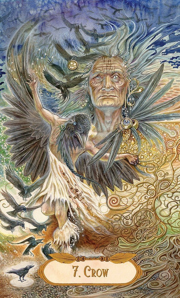 Winged Enchantment Oracle deck, Crow card number seven with dark corvid and crescent moon imagery — Eternal Spirit