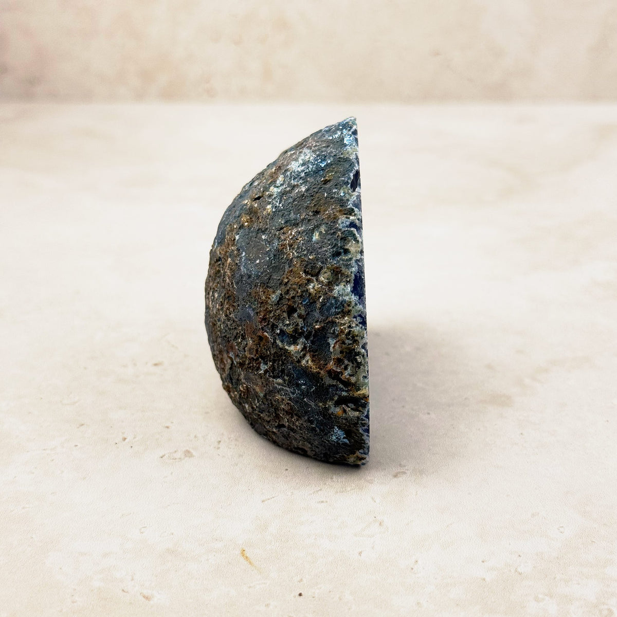 Agate crystal geode 8cm, rough brown and grey outer rind, side view — Eternal Spirit