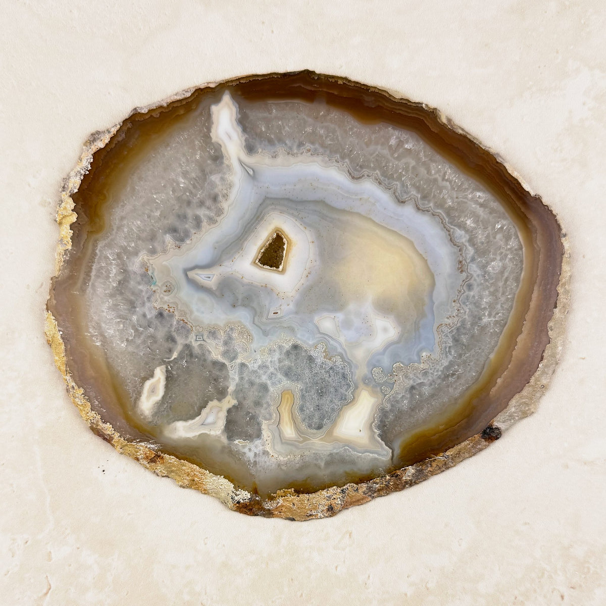 Agate crystal slice 15.5cm, natural honey and grey bands with crystal pockets, viewed from above — Eternal Spirit