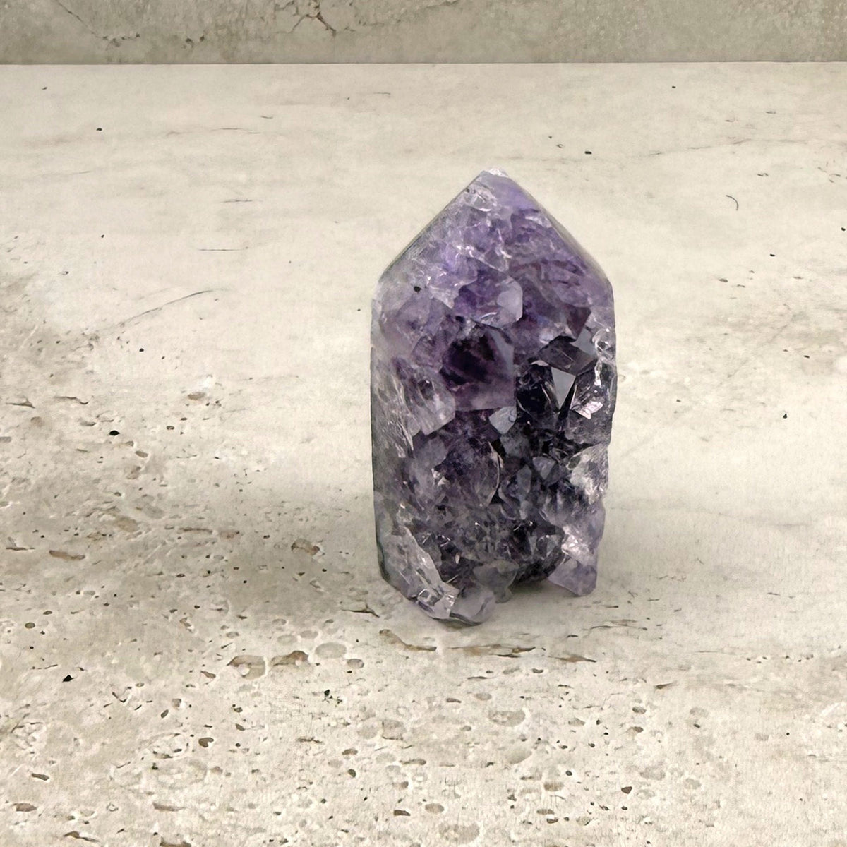 Amethyst crystal tower 5cm, half raw and half polished, raw crystal side — Eternal Spirit