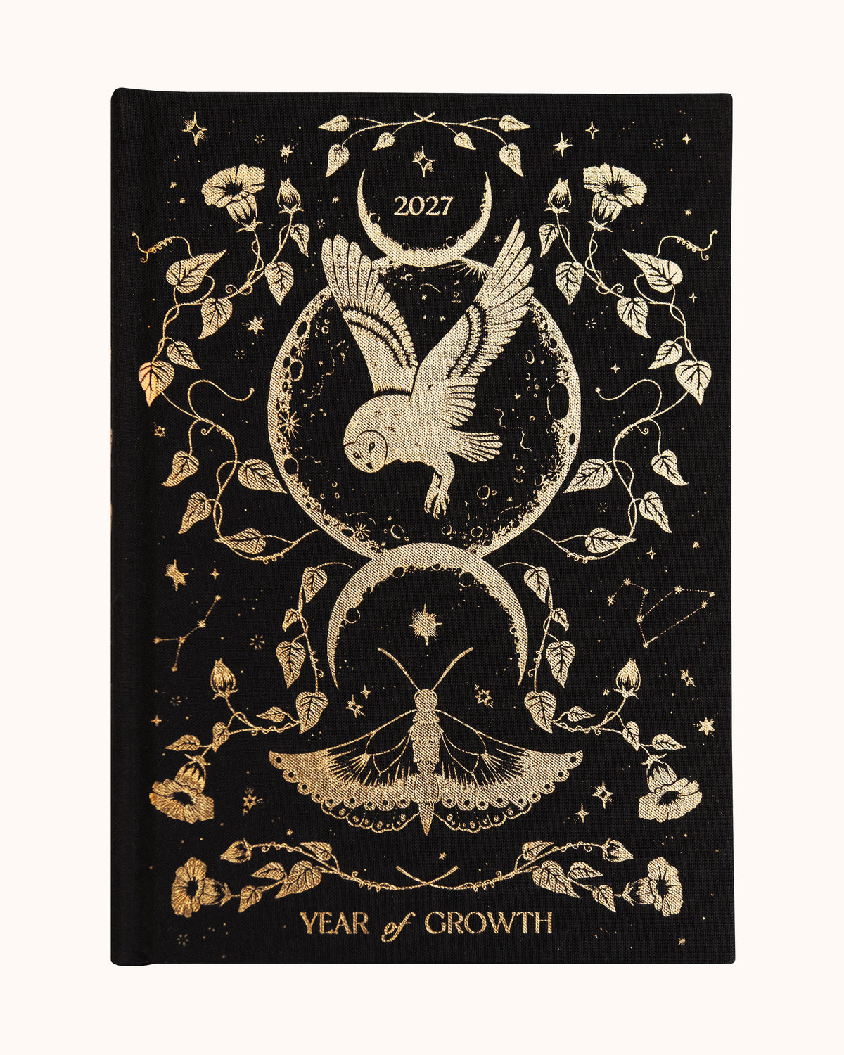 Dreamy Moons Year of Growth 2027 diary in Onyx Black, gold foil owl and moon cover — Eternal Spirit