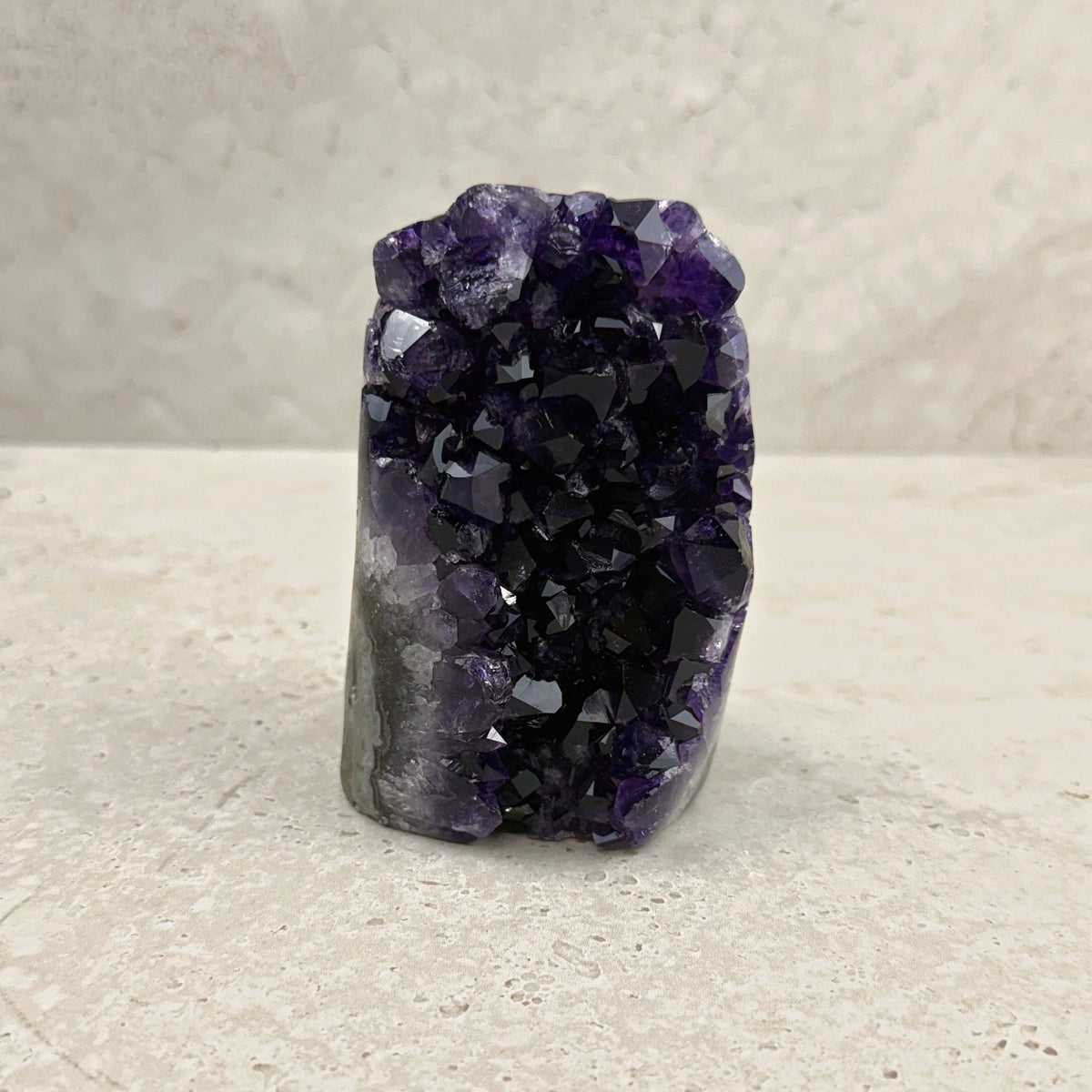 Base cut amethyst crystal 10.5cm, flat top with large dark points, front view — Eternal Spirit